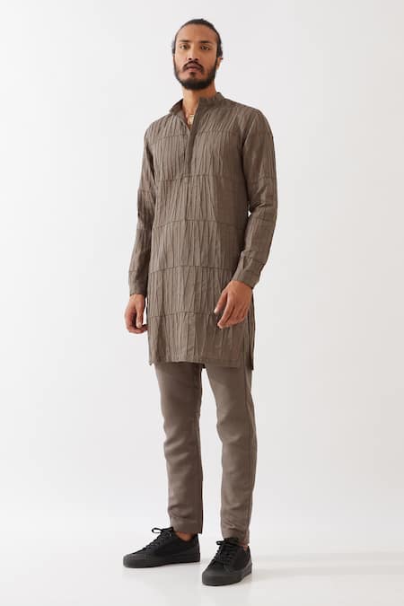Buy_Son Of A Noble Snob_Grey Cotton, Linen Mateo Pintucked Kurta With Trouser _Online_at_Aza_Fashions