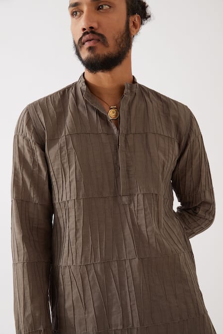 Shop_Son Of A Noble Snob_Grey Cotton, Linen Mateo Pintucked Kurta With Trouser _Online_at_Aza_Fashions