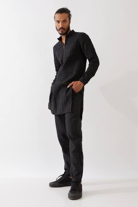 Shop Son Of A Noble Snob Black Linen Mateo Pintuck Texture Kurta With Trouser Online at Aza Fashions Shop_Son Of A Noble Snob_Black Linen Mateo Pintuck Texture Kurta With Trouser _Online_at_Aza_Fashions