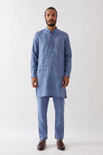 Son Of A Noble Snob_Blue Linen Embroidery, Applique Lebi Criss Cross Kurta With Trouser _Online_at_Aza_Fashions