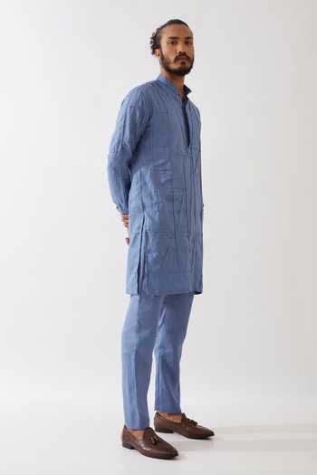 Buy_Son Of A Noble Snob_Blue Linen Embroidery, Applique Lebi Criss Cross Kurta With Trouser _Online_at_Aza_Fashions