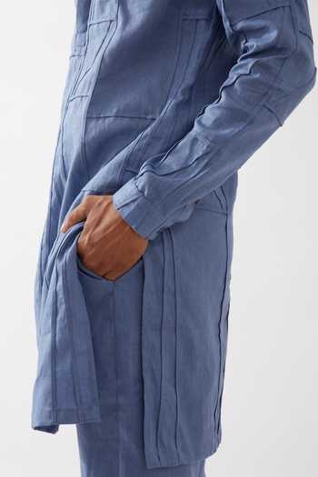 Son Of A Noble Snob_Blue Linen Embroidery, Applique Lebi Criss Cross Kurta With Trouser _at_Aza_Fashions