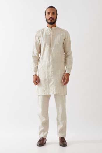 Son Of A Noble Snob Ivory Linen Embroidery Ethan Geometric Pintucked Kurta With Trouser Online at Aza Fashions Son Of A Noble Snob_Ivory Linen Embroidery Ethan Geometric Pintucked Kurta With Trouser _Online_at_Aza_Fashions