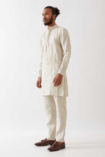 Buy Son Of A Noble Snob Ivory Linen Embroidery Ethan Geometric Pintucked Kurta With Trouser Online at Aza Fashions Buy_Son Of A Noble Snob_Ivory Linen Embroidery Ethan Geometric Pintucked Kurta With Trouser _Online_at_Aza_Fashions