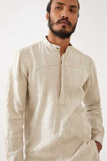 Shop Son Of A Noble Snob Ivory Linen Embroidery Ethan Geometric Pintucked Kurta With Trouser Online at Aza Fashions Shop_Son Of A Noble Snob_Ivory Linen Embroidery Ethan Geometric Pintucked Kurta With Trouser _Online_at_Aza_Fashions
