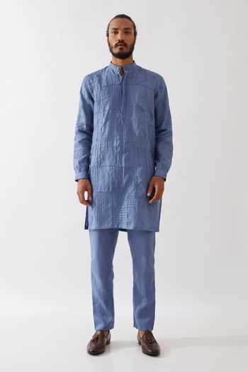 Son Of A Noble Snob Blue Linen Embroidery Ethan Pintucked Kurta With Trouser Online at Aza Fashions Son Of A Noble Snob_Blue Linen Embroidery Ethan Pintucked Kurta With Trouser _Online_at_Aza_Fashions