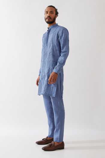 Buy Son Of A Noble Snob Blue Linen Embroidery Ethan Pintucked Kurta With Trouser Online at Aza Fashions Buy_Son Of A Noble Snob_Blue Linen Embroidery Ethan Pintucked Kurta With Trouser _Online_at_Aza_Fashions