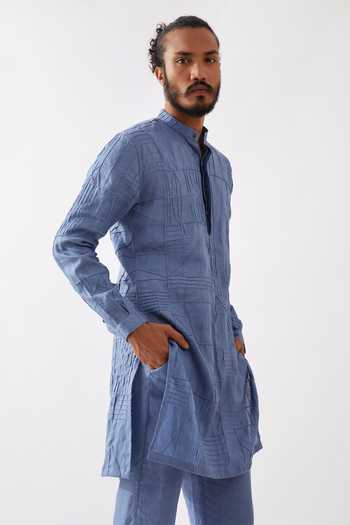 Shop Son Of A Noble Snob Blue Linen Embroidery Ethan Pintucked Kurta With Trouser Online at Aza Fashions Shop_Son Of A Noble Snob_Blue Linen Embroidery Ethan Pintucked Kurta With Trouser _Online_at_Aza_Fashions