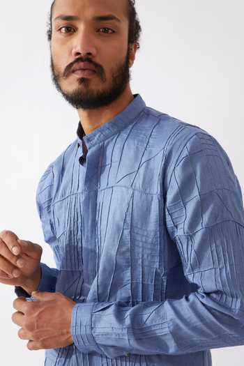Son Of A Noble Snob Blue Linen Embroidery Ethan Pintucked Kurta With Trouser at Aza Fashions Son Of A Noble Snob_Blue Linen Embroidery Ethan Pintucked Kurta With Trouser _at_Aza_Fashions