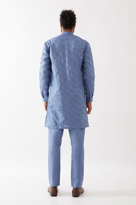 Shop Son Of A Noble Snob Blue Linen Embroidery Mason Broken Striped Applique Kurta With Trouser at Aza Fashions Shop_Son Of A Noble Snob_Blue Linen Embroidery Mason Broken Striped Applique Kurta With Trouser _at_Aza_Fashions