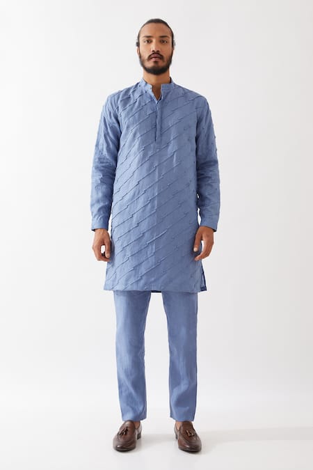 Son Of A Noble Snob Blue Linen Embroidery Mason Broken Striped Applique Kurta With Trouser Online at Aza Fashions Son Of A Noble Snob_Blue Linen Embroidery Mason Broken Striped Applique Kurta With Trouser _Online_at_Aza_Fashions