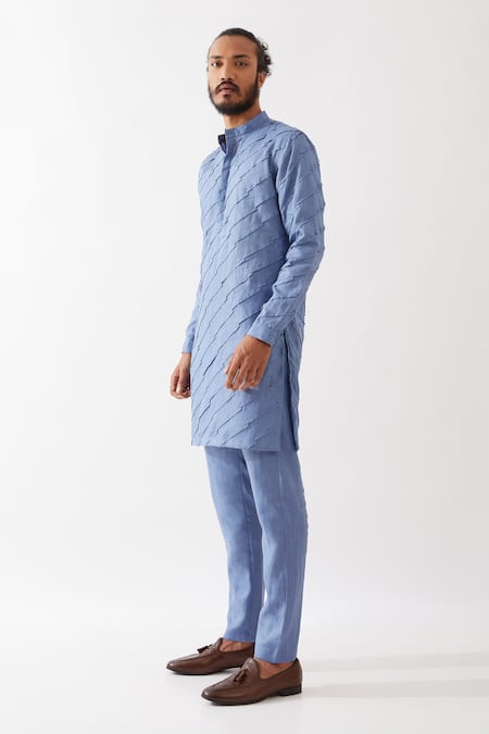 Buy Son Of A Noble Snob Blue Linen Embroidery Mason Broken Striped Applique Kurta With Trouser Online at Aza Fashions Buy_Son Of A Noble Snob_Blue Linen Embroidery Mason Broken Striped Applique Kurta With Trouser _Online_at_Aza_Fashions