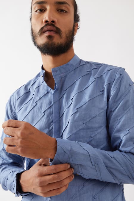 Son Of A Noble Snob Blue Linen Embroidery Mason Broken Striped Applique Kurta With Trouser at Aza Fashions Son Of A Noble Snob_Blue Linen Embroidery Mason Broken Striped Applique Kurta With Trouser _at_Aza_Fashions