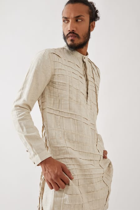 Son Of A Noble Snob_Ivory Linen Embroidery Logan Pintuck And Pleated Kurta With Trouser _Online_at_Aza_Fashions