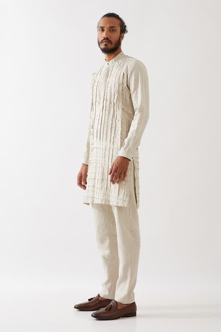 Buy_Son Of A Noble Snob_Ivory Linen Embroidery Logan Pintuck And Pleated Kurta With Trouser _Online_at_Aza_Fashions