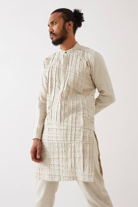 Shop_Son Of A Noble Snob_Ivory Linen Embroidery Logan Pintuck And Pleated Kurta With Trouser _Online_at_Aza_Fashions