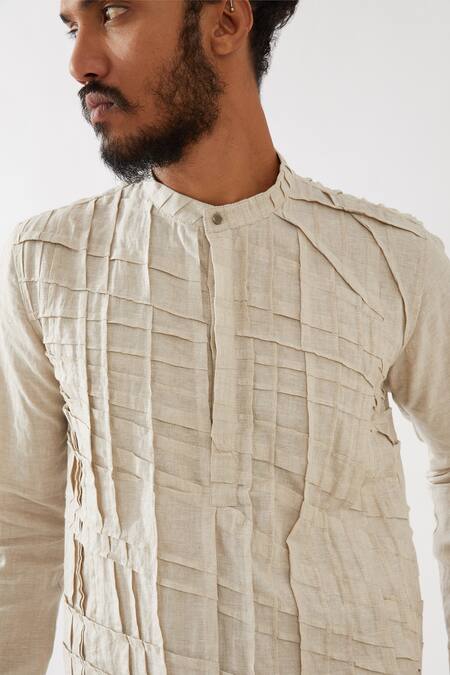Son Of A Noble Snob_Ivory Linen Embroidery Logan Pintuck And Pleated Kurta With Trouser _at_Aza_Fashions