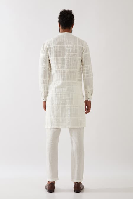 Shop Son Of A Noble Snob White Linen Embroidery Luke Checkered Pintuck And Applique Kurta With Trouser at Aza Fashions Shop_Son Of A Noble Snob_White Linen Embroidery Luke Checkered Pintuck And Applique Kurta With Trouser _at_Aza_Fashions