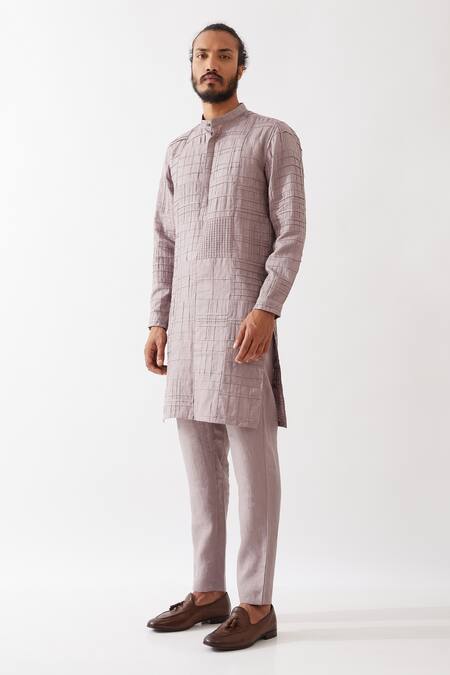 Shop Son Of A Noble Snob Purple Linen Embroidery Luke Pintuck And Applique Kurta With Trouser Online at Aza Fashions Shop_Son Of A Noble Snob_Purple Linen Embroidery Luke Pintuck And Applique Kurta With Trouser _Online_at_Aza_Fashions