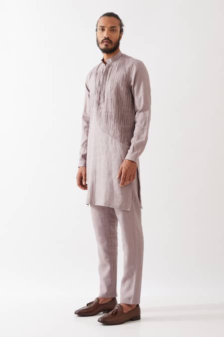 Son Of A Noble Snob Purple Linen Cooper Pleated Texture Panel Kurta With Trouser Online at Aza Fashions Son Of A Noble Snob_Purple Linen Cooper Pleated Texture Panel Kurta With Trouser _Online_at_Aza_Fashions