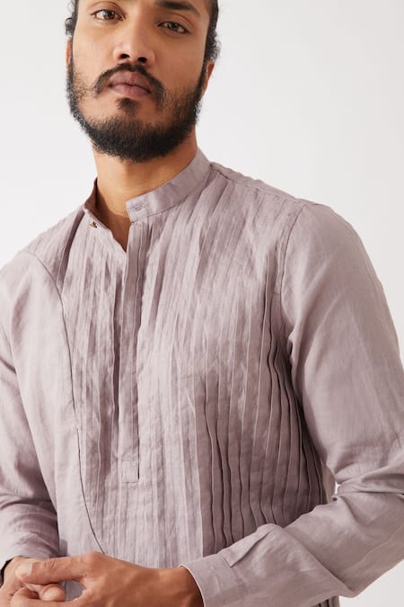 Shop Son Of A Noble Snob Purple Linen Cooper Pleated Texture Panel Kurta With Trouser Online at Aza Fashions Shop_Son Of A Noble Snob_Purple Linen Cooper Pleated Texture Panel Kurta With Trouser _Online_at_Aza_Fashions
