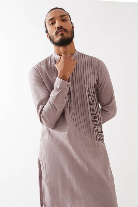 Son Of A Noble Snob Purple Linen Cooper Pleated Texture Panel Kurta With Trouser at Aza Fashions Son Of A Noble Snob_Purple Linen Cooper Pleated Texture Panel Kurta With Trouser _at_Aza_Fashions
