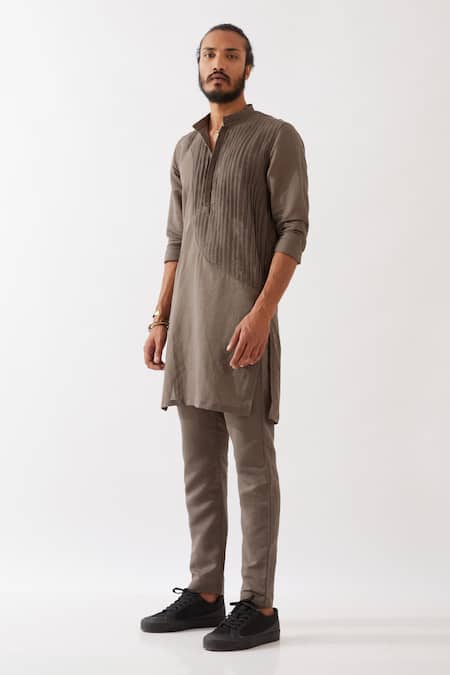 Son Of A Noble Snob_Grey Linen Cooper Pleated Panel Kurta With Trouser _Online_at_Aza_Fashions