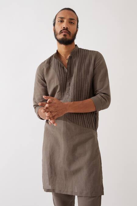 Shop_Son Of A Noble Snob_Grey Linen Cooper Pleated Panel Kurta With Trouser _Online_at_Aza_Fashions