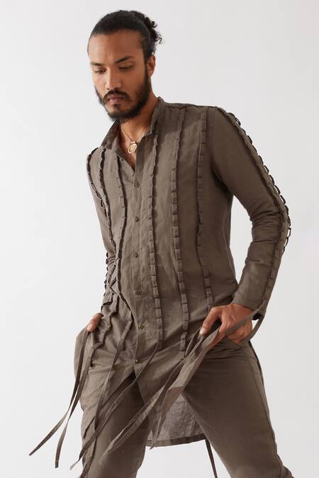 Son Of A Noble Snob_Grey Cotton, Linen Fringe Stafan Pleated Kurta With Trouser _Online_at_Aza_Fashions