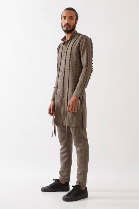 Buy_Son Of A Noble Snob_Grey Cotton, Linen Fringe Stafan Pleated Kurta With Trouser _Online_at_Aza_Fashions