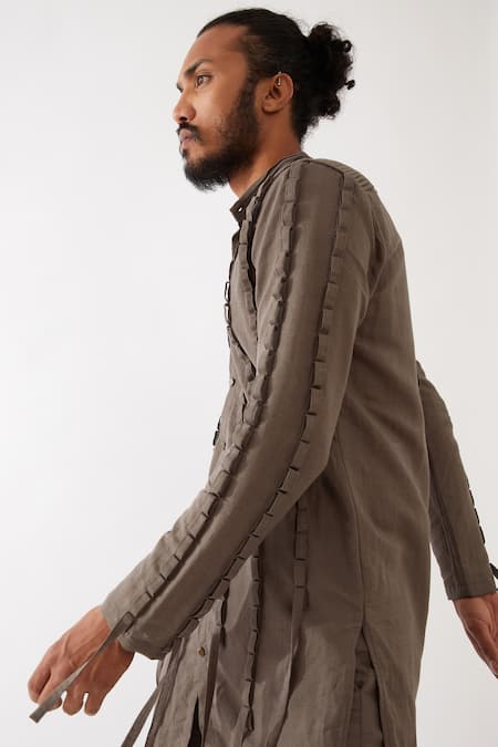 Shop_Son Of A Noble Snob_Grey Cotton, Linen Fringe Stafan Pleated Kurta With Trouser _Online_at_Aza_Fashions