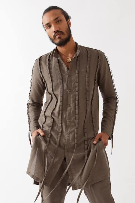 Buy_Son Of A Noble Snob_Grey Cotton, Linen Fringe Stafan Pleated Kurta With Trouser 