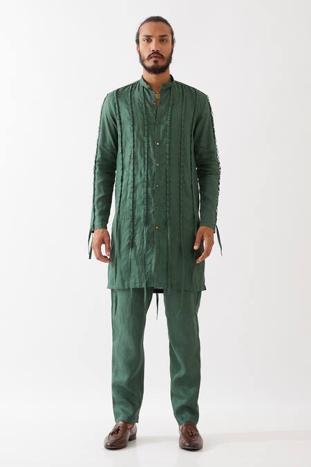Son Of A Noble Snob_Green Cotton, Linen Fringe Stafan Pleated Kurta With Trouser _Online_at_Aza_Fashions
