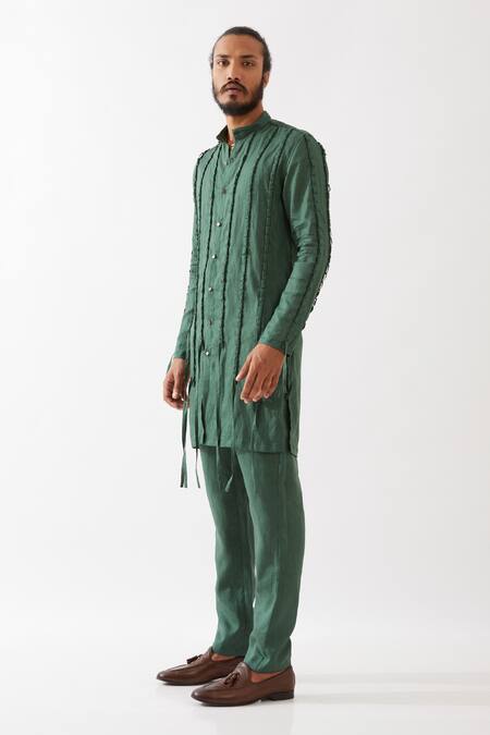 Buy_Son Of A Noble Snob_Green Cotton, Linen Fringe Stafan Pleated Kurta With Trouser _Online_at_Aza_Fashions