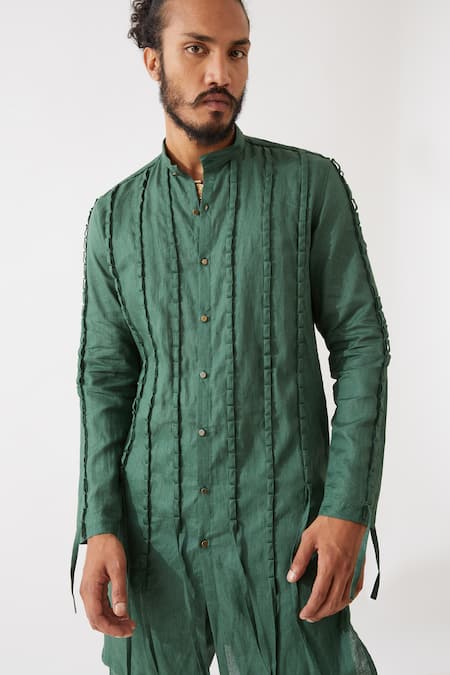 Shop_Son Of A Noble Snob_Green Cotton, Linen Fringe Stafan Pleated Kurta With Trouser _Online_at_Aza_Fashions