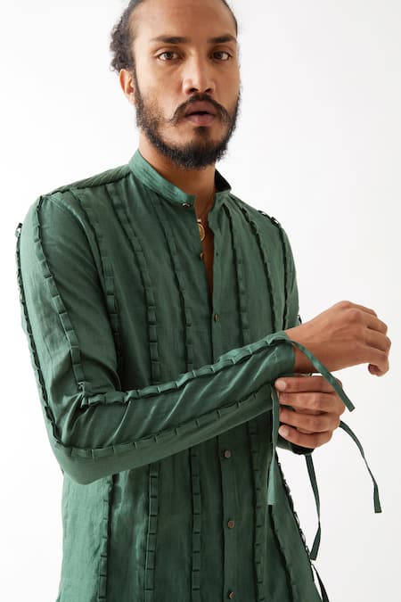 Son Of A Noble Snob_Green Cotton, Linen Fringe Stafan Pleated Kurta With Trouser _at_Aza_Fashions