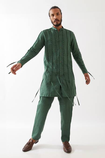 Buy_Son Of A Noble Snob_Green Cotton, Linen Fringe Stafan Pleated Kurta With Trouser 