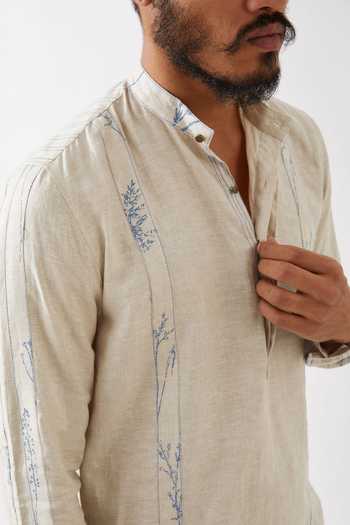 Son Of A Noble Snob Ivory Linen Nolan Striped Bloom Print Applique Kurta With Trouser Online at Aza Fashions Son Of A Noble Snob_Ivory Linen Nolan Striped Bloom Print Applique Kurta With Trouser _Online_at_Aza_Fashions