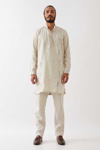 Buy Son Of A Noble Snob Ivory Linen Nolan Striped Bloom Print Applique Kurta With Trouser Online at Aza Fashions Buy_Son Of A Noble Snob_Ivory Linen Nolan Striped Bloom Print Applique Kurta With Trouser _Online_at_Aza_Fashions
