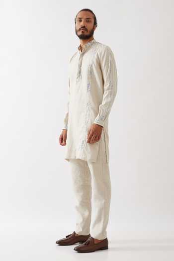 Shop Son Of A Noble Snob Ivory Linen Nolan Striped Bloom Print Applique Kurta With Trouser Online at Aza Fashions Shop_Son Of A Noble Snob_Ivory Linen Nolan Striped Bloom Print Applique Kurta With Trouser _Online_at_Aza_Fashions