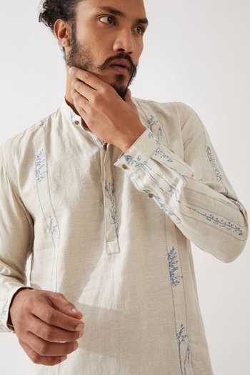 Son Of A Noble Snob Ivory Linen Nolan Striped Bloom Print Applique Kurta With Trouser at Aza Fashions Son Of A Noble Snob_Ivory Linen Nolan Striped Bloom Print Applique Kurta With Trouser _at_Aza_Fashions