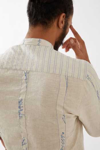 Buy Son Of A Noble Snob Ivory Linen Nolan Striped Bloom Print Applique Kurta With Trouser Buy_Son Of A Noble Snob_Ivory Linen Nolan Striped Bloom Print Applique Kurta With Trouser