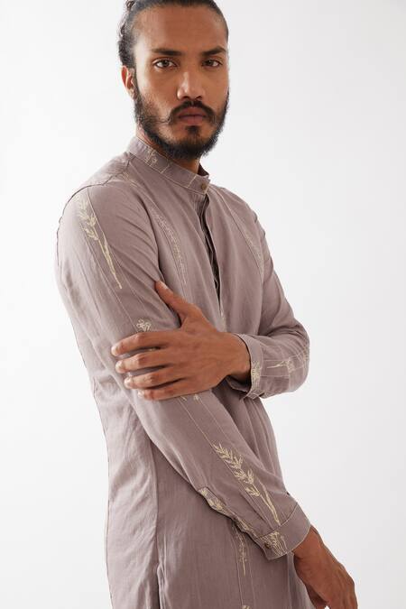 Son Of A Noble Snob_Purple Linen Embroidery, Nolan Striped Blossom Print Kurta With Trouser _Online_at_Aza_Fashions
