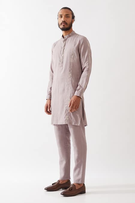 Buy_Son Of A Noble Snob_Purple Linen Embroidery, Nolan Striped Blossom Print Kurta With Trouser _Online_at_Aza_Fashions