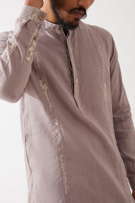 Shop_Son Of A Noble Snob_Purple Linen Embroidery, Nolan Striped Blossom Print Kurta With Trouser _Online_at_Aza_Fashions