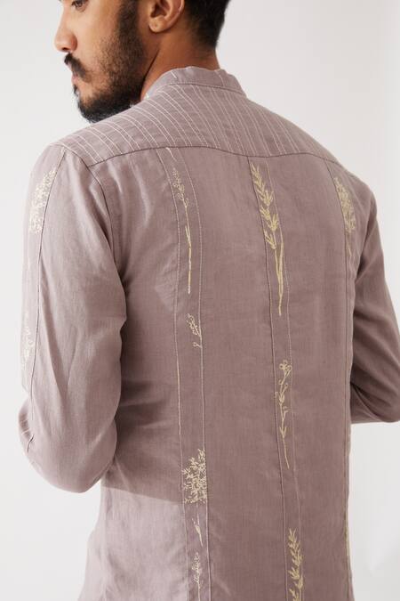 Son Of A Noble Snob_Purple Linen Embroidery, Nolan Striped Blossom Print Kurta With Trouser _at_Aza_Fashions