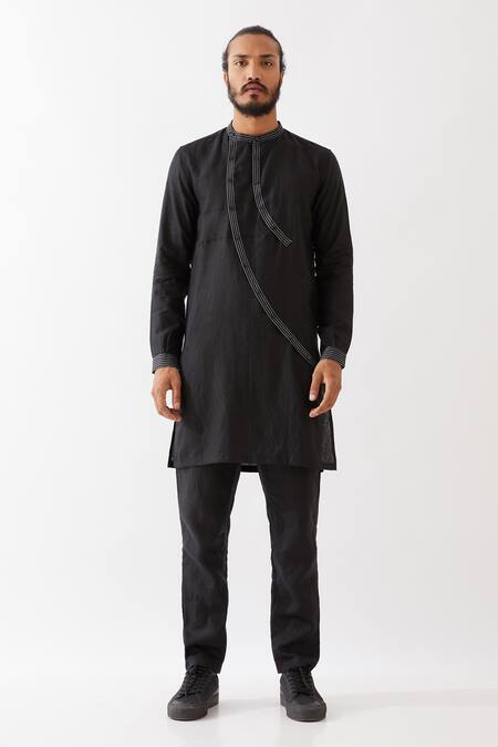 Son Of A Noble Snob_Black Linen Waylon Kurta With Trousers _Online_at_Aza_Fashions