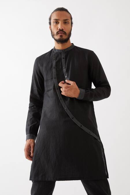 Shop_Son Of A Noble Snob_Black Linen Waylon Kurta With Trousers _Online_at_Aza_Fashions