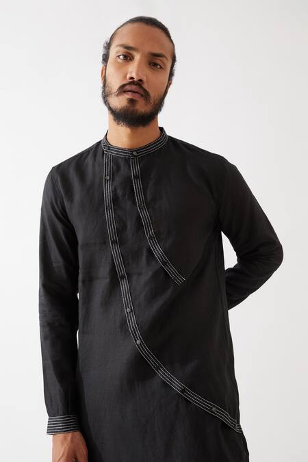 Son Of A Noble Snob_Black Linen Waylon Kurta With Trousers _at_Aza_Fashions