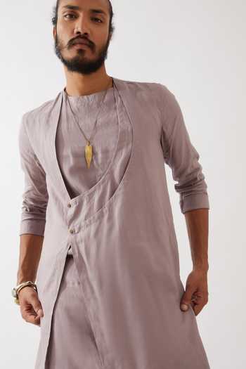 Son Of A Noble Snob_Purple Linen Brooks Asymmetric Kurta With Trousers _Online_at_Aza_Fashions